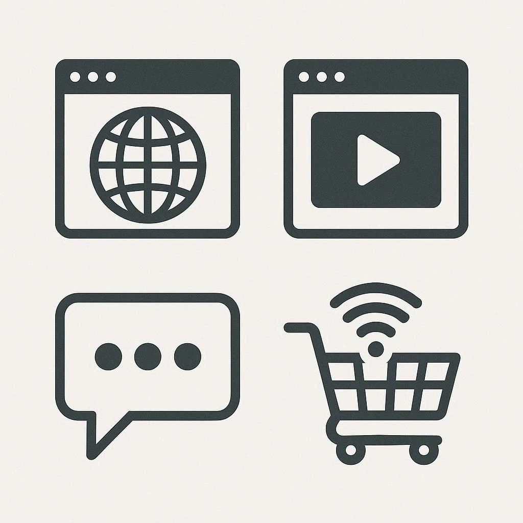 Iconos representando distintos tipos de uso de internet