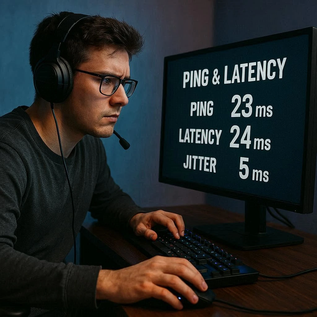 Gamer revisando estadísticas de ping y latencia